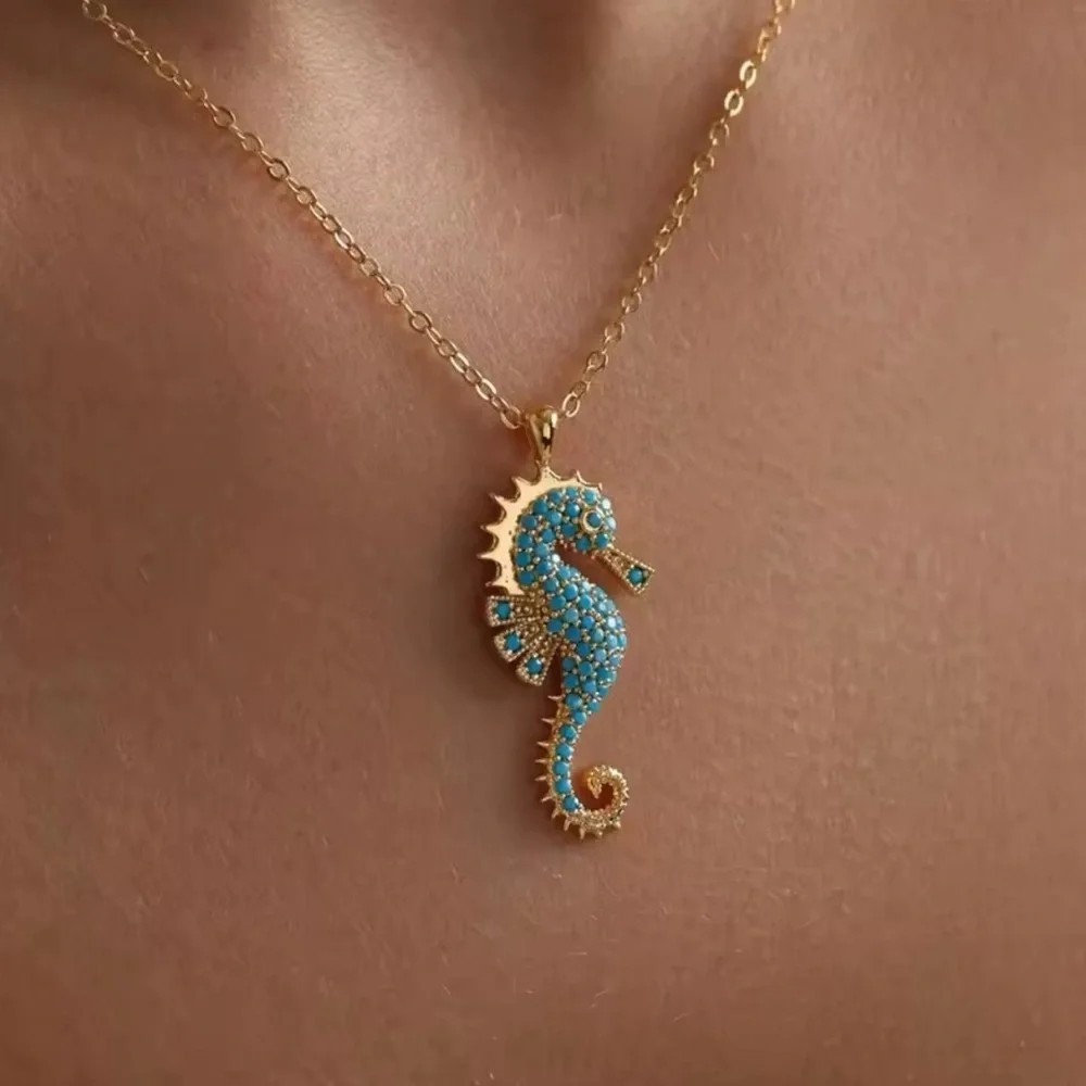 18K Gold Seahorse Micro Pave Turquoise Gemstones Bohemian Minimalist Nautical